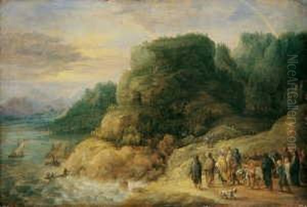 Weite Flusslandschaft Mit (vermutlich Biblischer) Figurenstaffage. Oil Painting by Lucas Van Uden