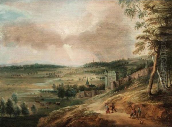 Extensive Landscape, With Figures On A Track, A Town Beyond by Lucas Van Uden