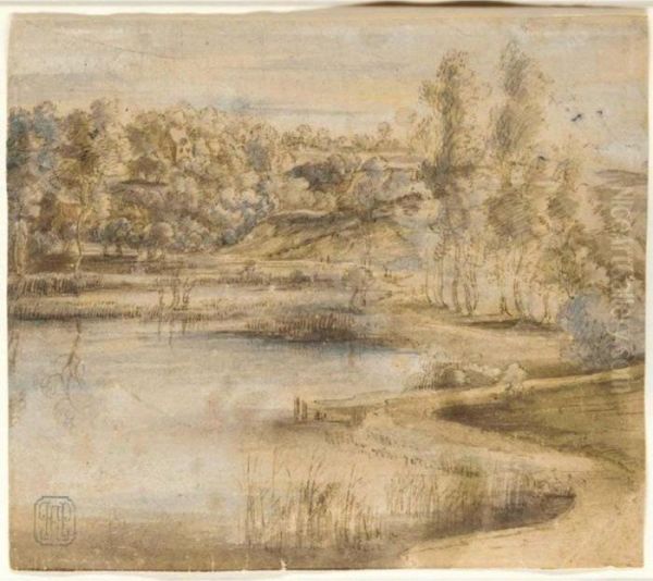 Wooded Landscape With A Lake And Cottages In The Distance Oil Painting by Lucas Van Uden