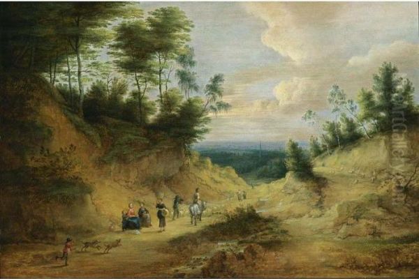 A Wooded Dune Landscape With 
Travellers And Dogs Resting Near A Path Together With A Horseman, And A 
Shepherd With His Flock, With A View Of A Village Beyond Oil Painting by Lucas Van Uden