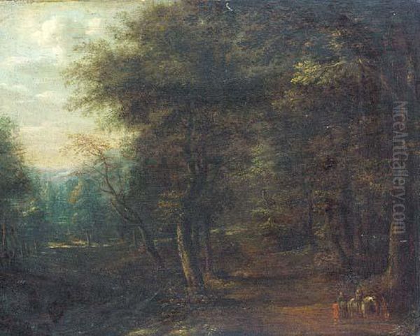 A Wooded Landscape With Travellers On A Track Oil Painting by Lucas Van Uden