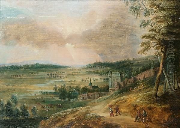 A Panoramic Landscape With Travellers On A Path And A Walled Town On The Hillside Beyond Oil Painting by Lucas Van Uden