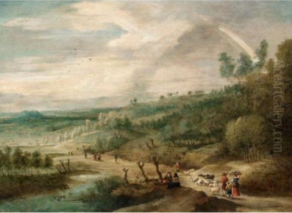 An Extensive Alndscape With Drovers And Their Animals Beside A River Oil Painting by Lucas Van Uden