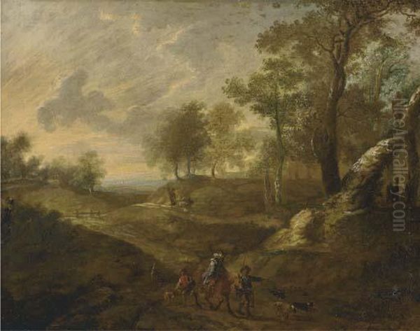 A Wooded Landscape With Huntsmen On A Path Oil Painting by Lucas Van Uden