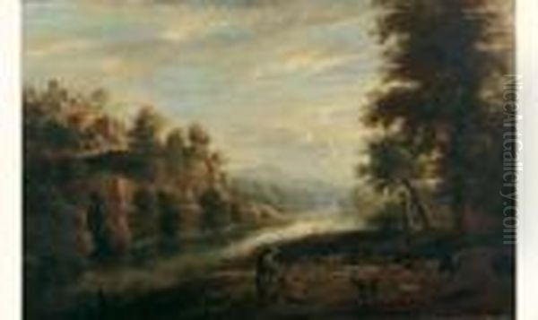 Le Repos Des Bergers Et De Leur Troupeau Pres D'une Riviere Oil Painting by Lucas Van Uden