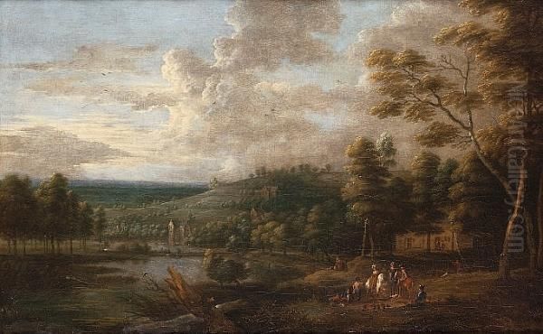 An Extensive Wooded Landscape With A Hawking Party Beside A Lake In The Foreground Oil Painting by Lucas Van Uden