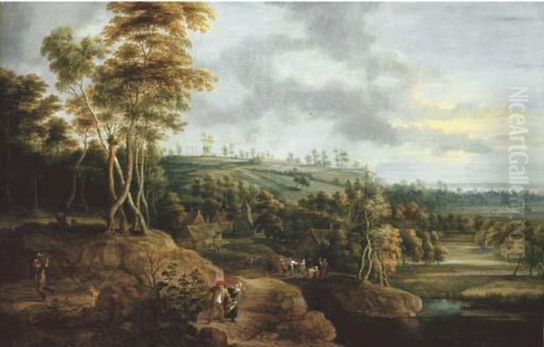 An Extensive River Landscape 
With A Peasant Couple In The Foreground, A Village Kermesse Beyond Oil Painting by Lucas Van Uden