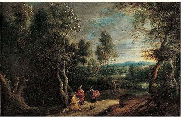 Paysage De Riviere En Flandres Avec Cinq Personnages Sur Une Route Oil Painting by Lucas Van Uden