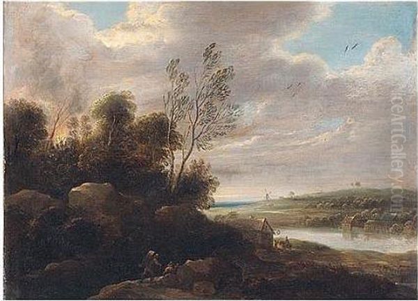 A River Landscape With Travellers On A Rocky Path Oil Painting by Lucas Van Uden