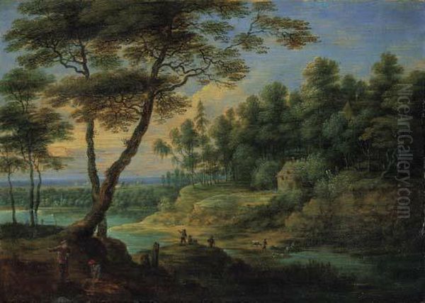 A Wooded River Landscape With Peasants Oil Painting by Lucas Van Uden