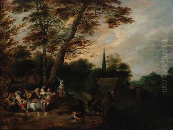 Elegant Company At Table In A 
Wooded Landscape, A Village Beyondwith An Angel Of The Apocalypse Above Oil Painting by Lucas Van Uden