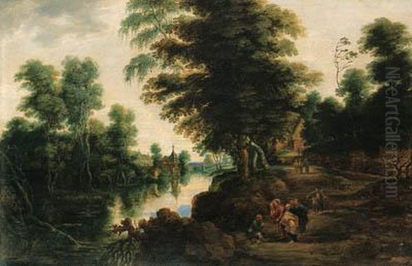 A River Landscape With Christ Healing The Paralytic, A Villagebeyond Oil Painting by Lucas Van Uden