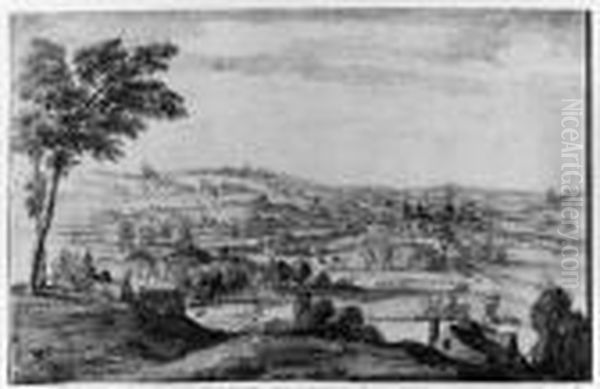 An Extensive Wooded Hilly Landscape With A Monastery In Theforeground, A Town Beyond Oil Painting by Lucas Van Uden