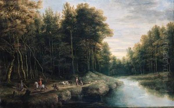 Sportsmen, Shepherds And 
Peasants On A Track By A Brook In Aforest, Another Sportsman Shooting 
Duck Nearby Oil Painting by Lucas Van Uden