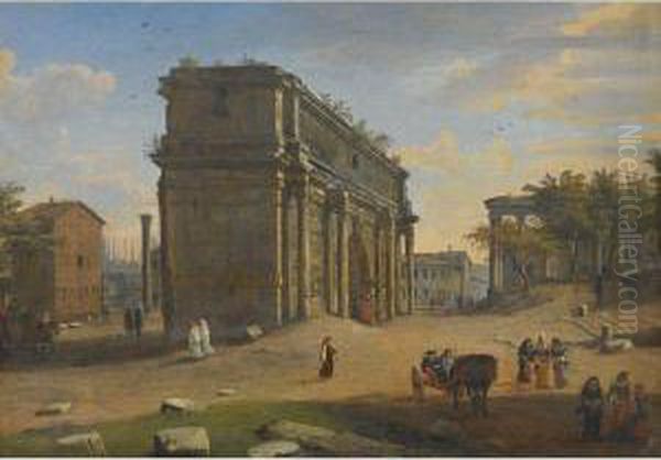 View Of The Campo Vaccino With The Arch Of Septimius Severus Oil Painting by (circle of) Wittel, Gaspar van (Vanvitelli)