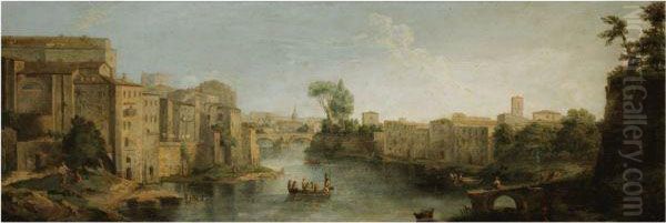 Rome, A View Of The River Tiber And The Ponte Sisto Oil Painting by (circle of) Wittel, Gaspar van (Vanvitelli)