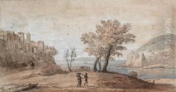 A Capriccio Of Two Travellers In
 A Coastallandscape Beneath A Fortified Village, An Island Beyond Oil Painting by (circle of) Wittel, Gaspar van (Vanvitelli)