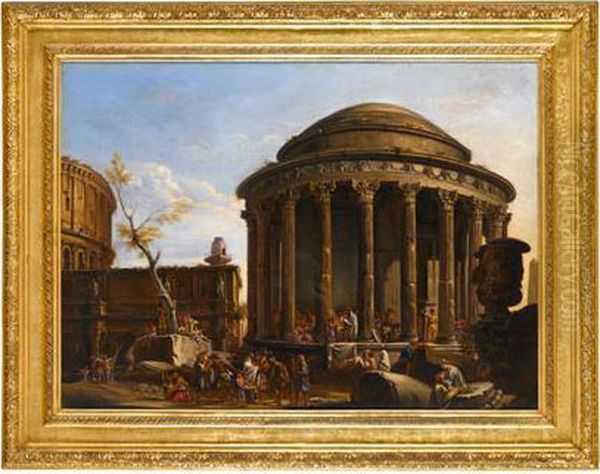 Figures Outside A Temple Oil Painting by (circle of) Wittel, Gaspar van (Vanvitelli)