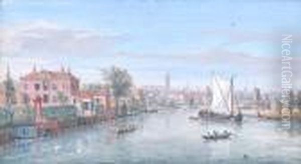 A View Of Amersfoort From The 
North Withvarious Vessels On The River Eem In The Foreground, The Onze 
Lievevrouwetoren (tower Of Our Lady) Beyond Oil Painting by (circle of) Wittel, Gaspar van (Vanvitelli)