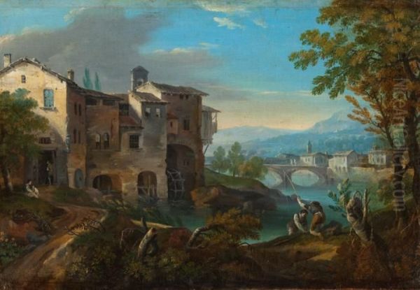 Landschaft Mit Pittoreskem Muhlengebaude An Gewundenem Flusslauf Oil Painting by (circle of) Wittel, Gaspar van (Vanvitelli)