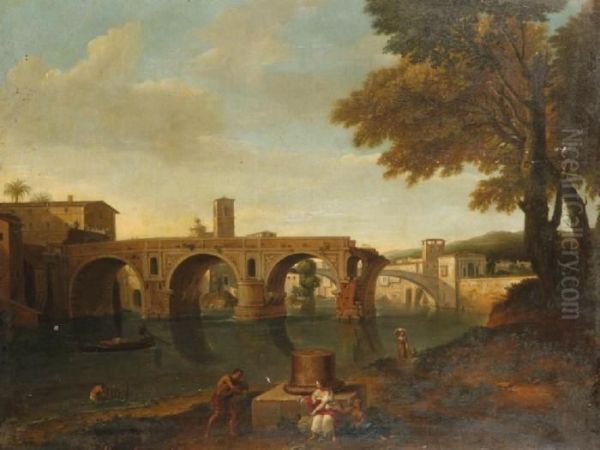 A View On A River, Probably The Tiber At The Ponte Rotto, Rome Oil Painting by (circle of) Wittel, Gaspar van (Vanvitelli)