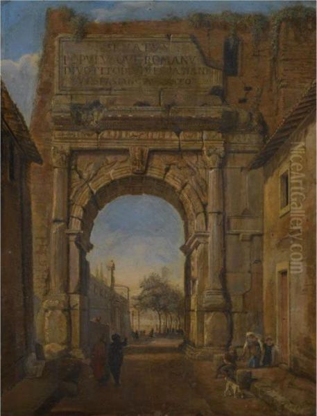 The Arch Of Titus With Figures Conversing In The Foreground Oil Painting by (circle of) Wittel, Gaspar van (Vanvitelli)