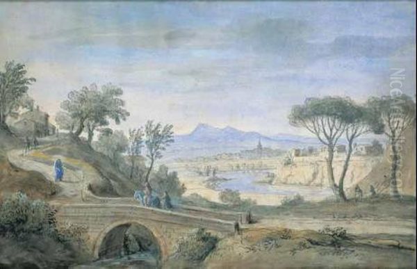 A) Veduta Ideata Con Montagna, 
Lago Ed Alcune Figure B) Veduta Ideata Con Ponte Ed Alcuni Viaggiatori 
Inchiostro Oil Painting by (circle of) Wittel, Gaspar van (Vanvitelli)