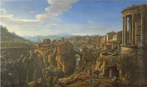 A View Of Tivoli, With The Temple Of Vesta And The Bridge Of Sanmartino Oil Painting by (circle of) Wittel, Gaspar van (Vanvitelli)