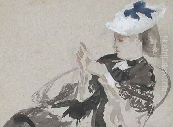 A young woman, seated in profie to the left, wearing a hat Oil Painting by James Jacques Joseph Tissot