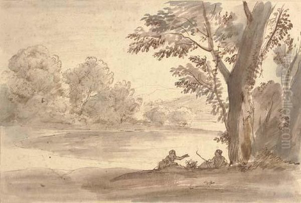 A Lake On The Edge Of A Wood With Two Figures By A Tree Oil Painting by (circle of) Wittel, Gaspar van (Vanvitelli)