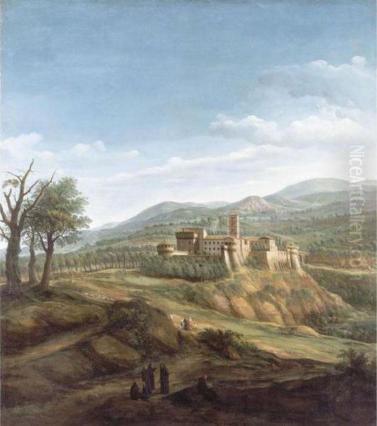 A View Of The Abbey Of Saint 
Nilus At Grottaferrata With Monks Conversing In The Foreground Oil Painting by (circle of) Wittel, Gaspar van (Vanvitelli)