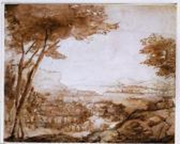 An Extensive Wooded River Landscape With A Town In The Leftforeground Oil Painting by (circle of) Wittel, Gaspar van (Vanvitelli)