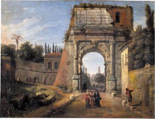 Rome, A View Of The Arch Of Titus With Figures Strolling Amongst Ruins Oil Painting by (circle of) Wittel, Gaspar van (Vanvitelli)