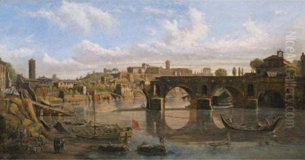 Rome, A View Of The River Tiber With The Ponte Rotto And The Aventine Hill Oil Painting by (circle of) Wittel, Gaspar van (Vanvitelli)