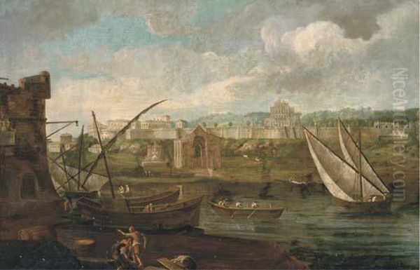 A Capriccio Of A Riverside Landscape With Shipping And Figures On The Shore Oil Painting by (circle of) Wittel, Gaspar van (Vanvitelli)