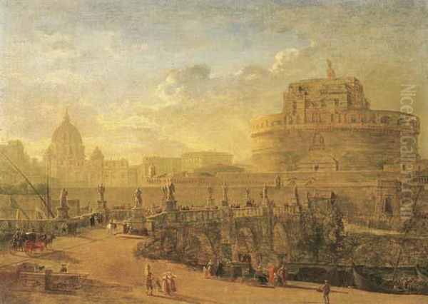 Rome, With The Ponte Sant'angelo, The Castel Sant'angelo And Saint Peter's Beyond Oil Painting by (circle of) Wittel, Gaspar van (Vanvitelli)