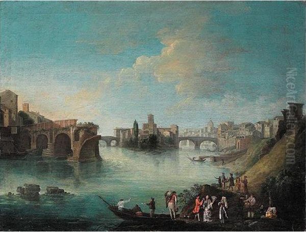 Rome, A View Of The Tiber With The Ponte Rotto Oil Painting by (circle of) Wittel, Gaspar van (Vanvitelli)