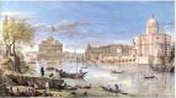 Vue Du Tibre Avec Le Chateau Saint Ange Et De L'eglise De Saint Jean Des Florentins Oil Painting by (circle of) Wittel, Gaspar van (Vanvitelli)