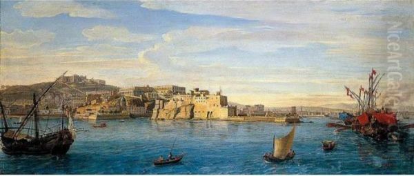 A Prospect Of Naples From The Sea, Looking North East Towards The Castel Dell'ovo Oil Painting by (circle of) Wittel, Gaspar van (Vanvitelli)