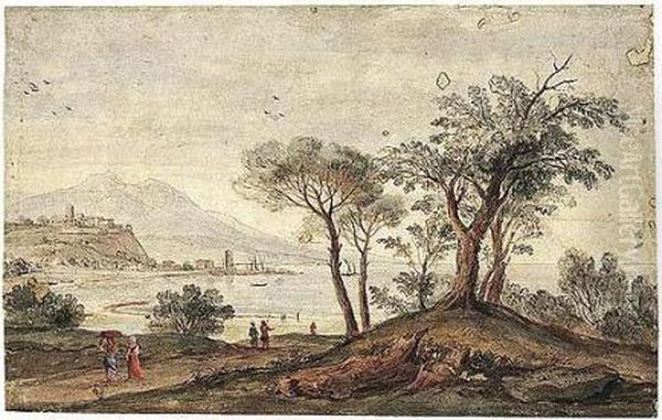 Landscape With Trees And Figures
 Near A Coastline, The Buildings Of A Small City And A Port In The 
Background. Oil Painting by (circle of) Wittel, Gaspar van (Vanvitelli)