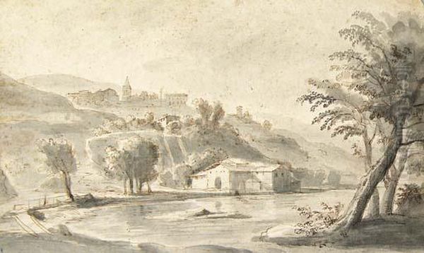 An Italian Village On A Hill Seen From A River Bank Oil Painting by (circle of) Wittel, Gaspar van (Vanvitelli)