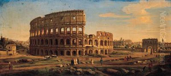 The Colosseum And The Arch Of 
Constantine, Looking Towards Theforum, With Figures And Artists 
Sketching Oil Painting by (circle of) Wittel, Gaspar van (Vanvitelli)