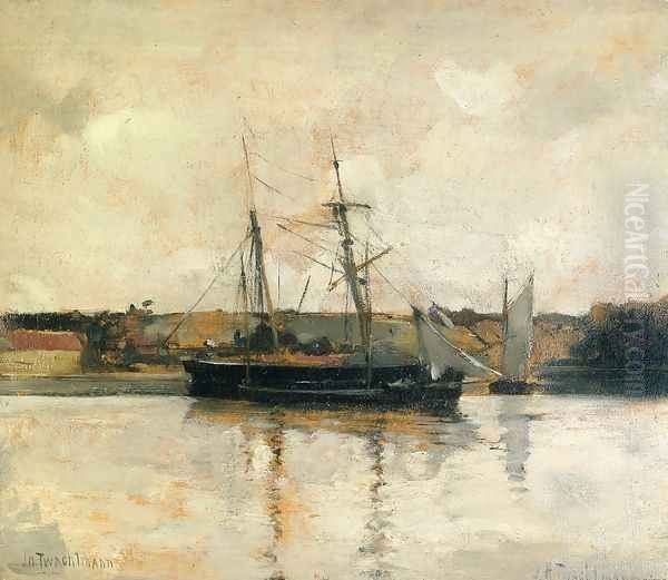 Sailing Boats Dieppe Harbor Oil Painting by John Henry Twachtman