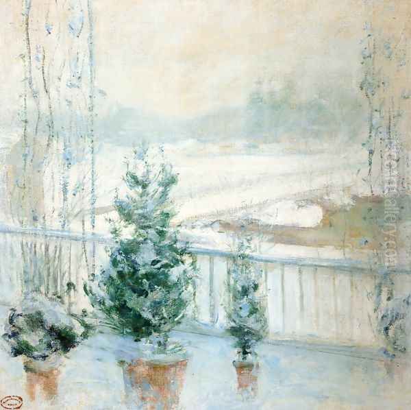 Balcony In Winter Oil Painting by John Henry Twachtman