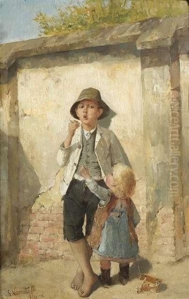 The First Cigarette. A Smoking Boy With His Little Sister Oil Painting by Scipione Vannutelli