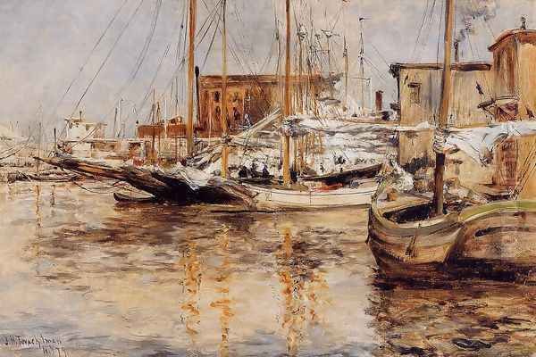 Oyster Boats, North River Oil Painting by John Henry Twachtman