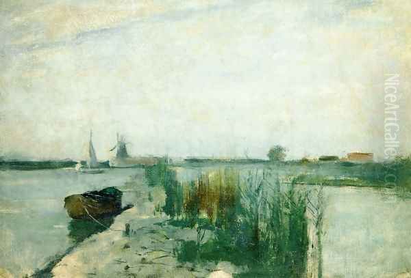 Scene Along A Dutch River Oil Painting by John Henry Twachtman