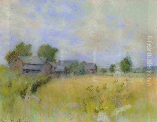 Pasture With Barns Cos Cob Oil Painting by John Henry Twachtman