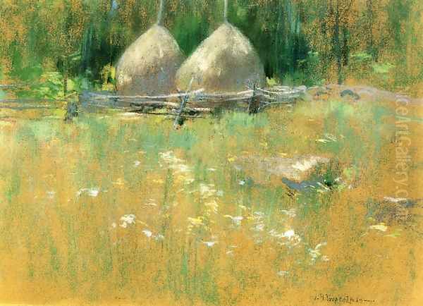 Haystacks At Edge Of Woods Oil Painting by John Henry Twachtman