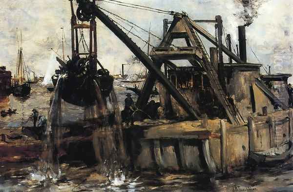 Dredging In The East River Oil Painting by John Henry Twachtman